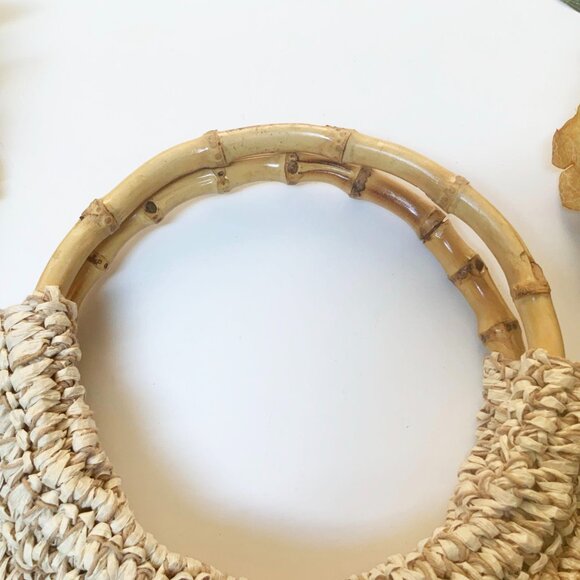 Large Woven Beige and Brown Corn Straw Bag with Round Bamboo Top Handles - Picture 4 of 5
